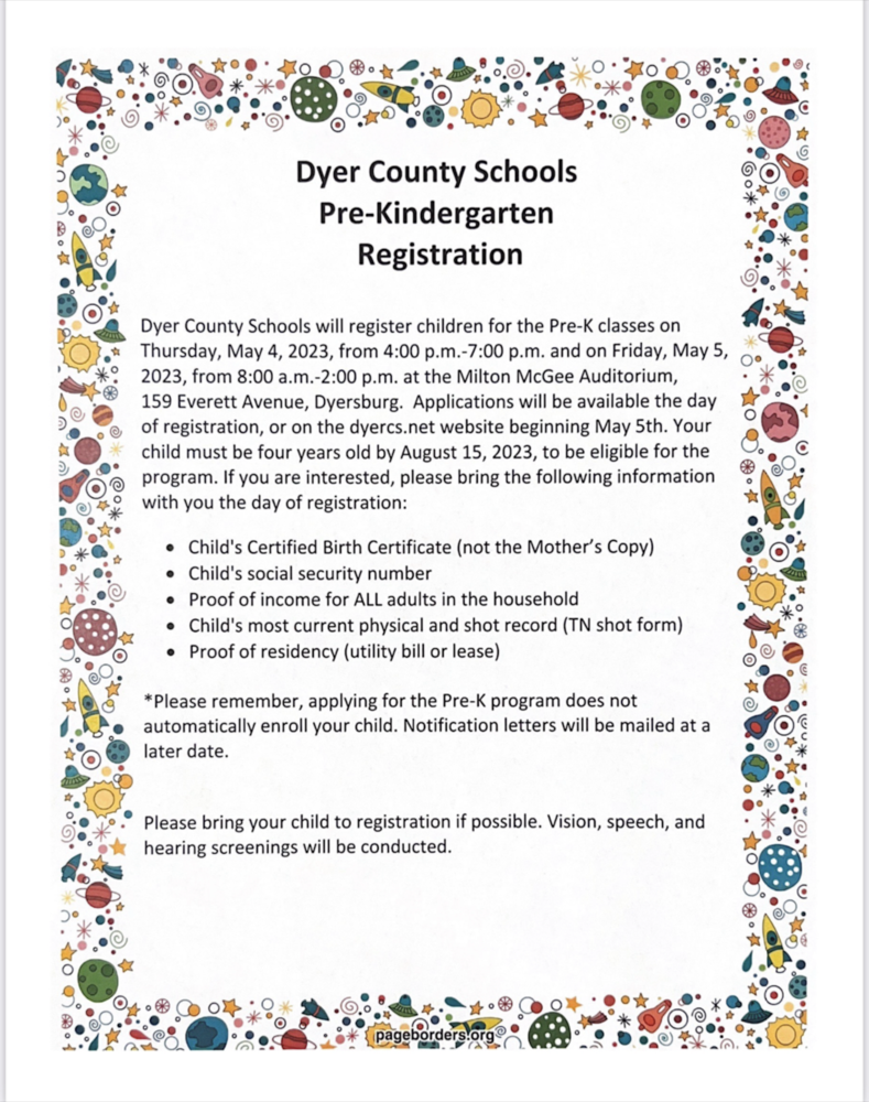 Dyer County Schools Pre-Kindergarten registration 