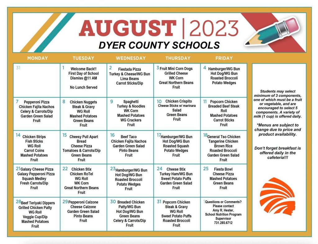 FCES Lunch Menu for August 2023!